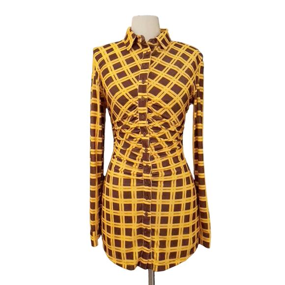 With Jean Andy Long Sleeve Button Front Check Dress Yellow XS Clueless Y2K - Picture 2 of 15